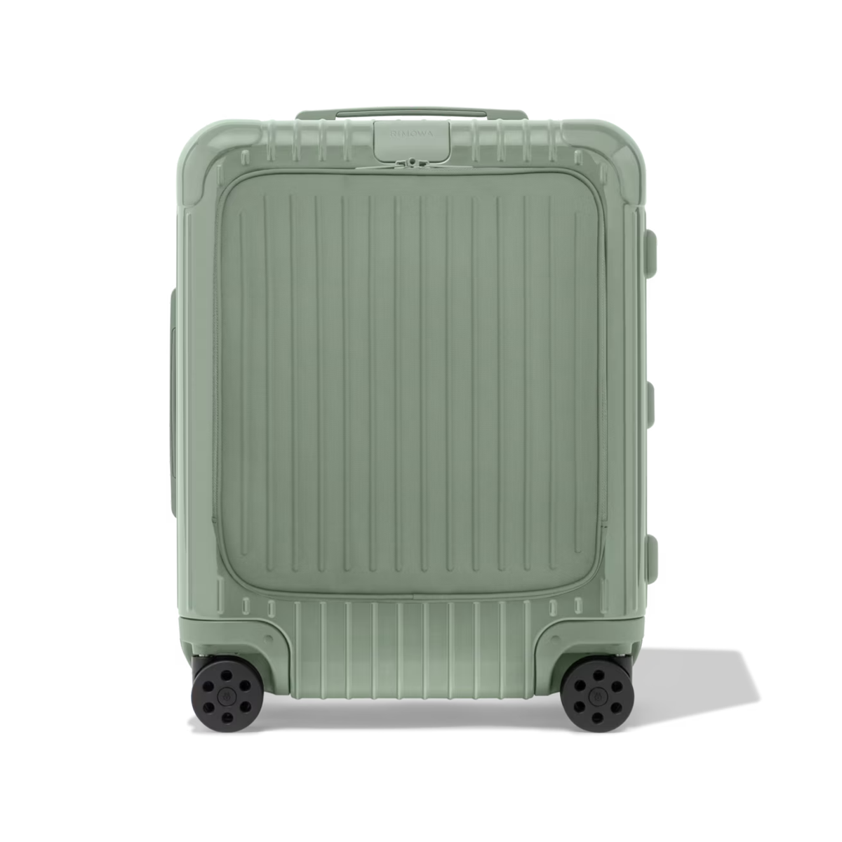 RIMOWA Essential Sleeve Cabin suitcase in Gloss Eucalyptus Green, featuring a front zippered pocket